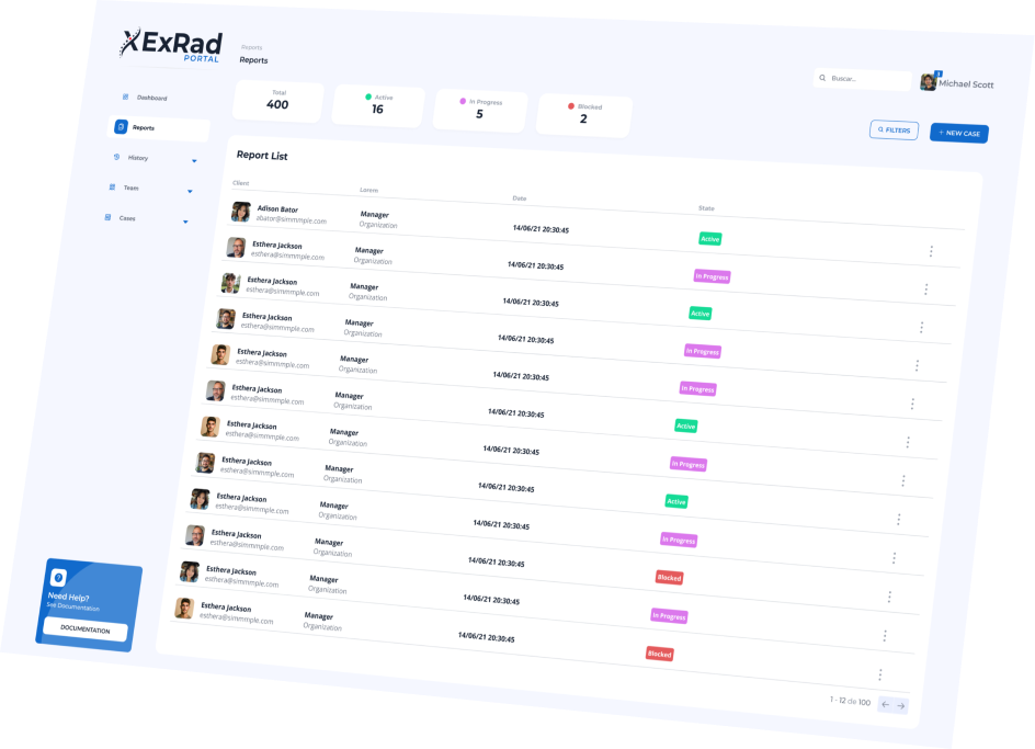 ExRad Portal interface showing report management dashboard