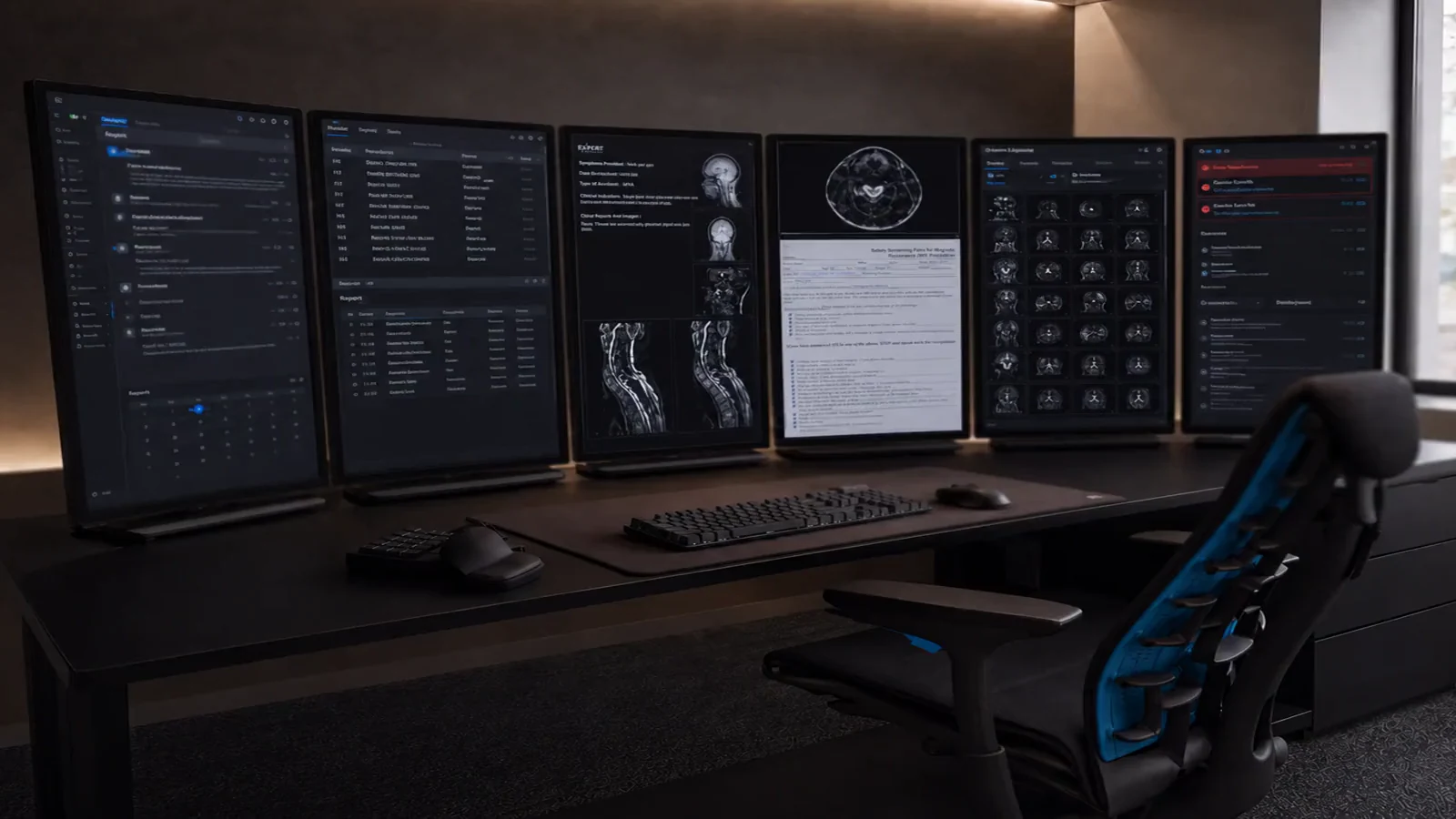 ExRad Station showing the six-display reading workflow Expert Radiology ships and supports